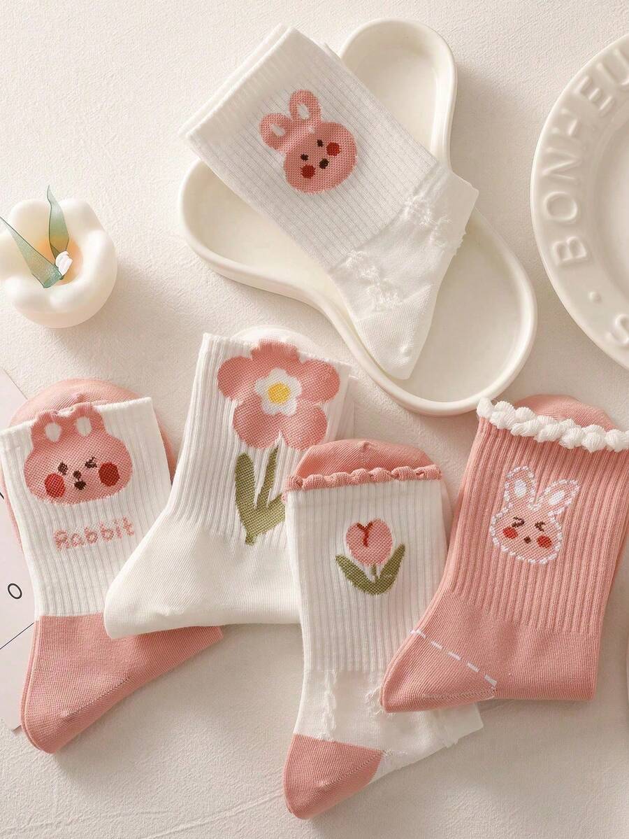 3pairs/Set Women's Pink Lace Cartoon Rabbit Design Mid-Calf Socks, Cute & Versatile, Ideal For Daily Wear - Multicolor - View 1