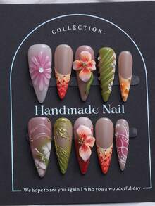 10 件/包欧美风格尖头指甲贴，手绘法式波尔卡圆点渐变热带花卉 3D 浮雕渐变设计，镶嵌钻石，奢华手工可穿戴指甲，Y2K 坏人风格，适合女性和女孩 - 彩色 - 查看 2
