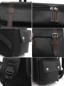 大号笔记本电脑背包男士 PU 皮革背包青少年男孩黑色书包办公配件 - 黑色 - 查看 8