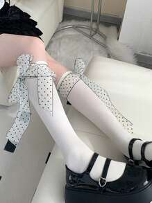 1 Pair Women's Cute Bow & Polka Dot Long Socks, Sweet Style Mid-Calf Length Stockings, Suitable For Spring & Autumn