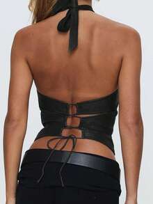 Vintage Halter Bandage Leather Tank Tops Sexy Backless Ring Slim Fit Women PU Vests Stunning Spring Summer Streetwear Hot Girl Tops