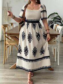 Plus Size Printed Dress, Elegant Waist Design, Flattering, Vacation Vibe - Apricot - View 1