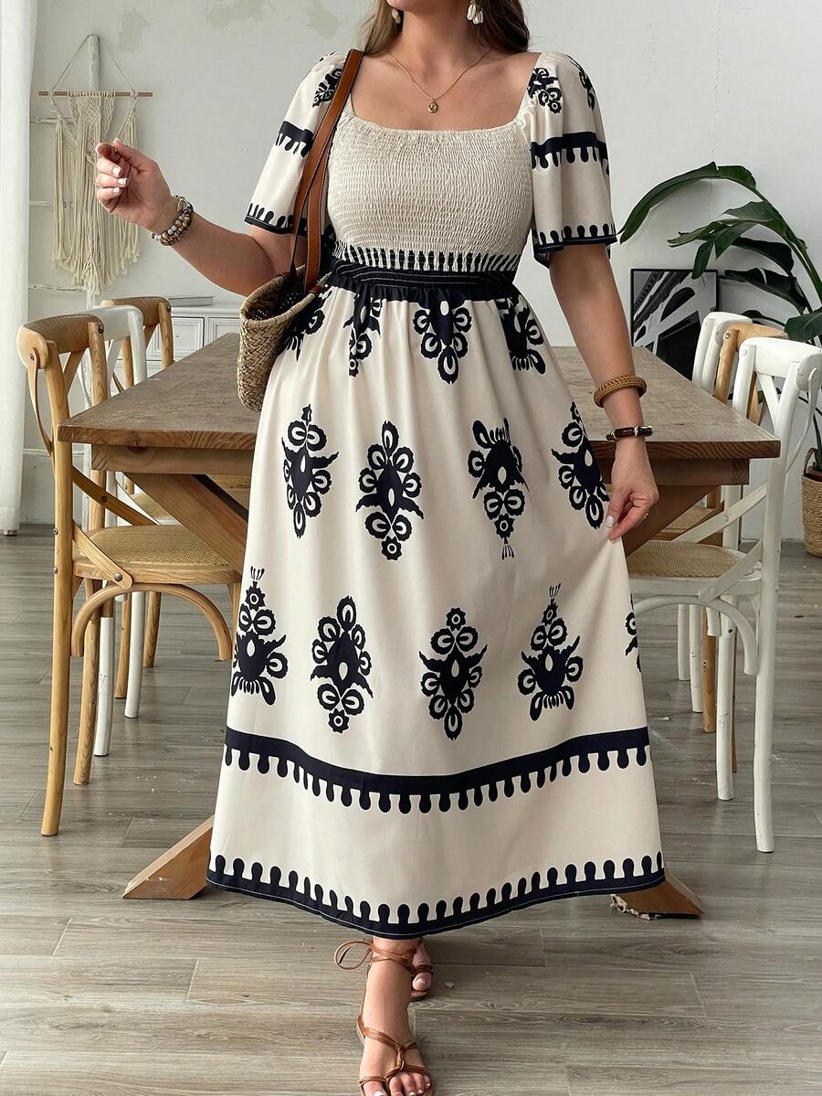 Plus Size Printed Dress, Elegant Waist Design, Flattering, Vacation Vibe - Apricot - View 1