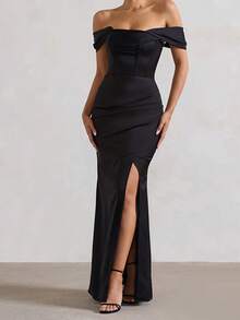 一件纯色优雅针织高开衩拉链连衣裙，适合派对、约会、婚礼、正式晚宴、花园等场合，四季皆宜，黑色夏季款 - 黑色 - 查看 3