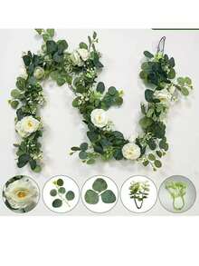 2 pièces Guirlande d'eucalyptus artificielle pour la décoration de la chambre, fausses fleurs de feuilles de soie d'eucalyptus à dollar argenté, couronne de verdure en rotin fait main. Convient pour le mariage, la remise des diplômes, la fête, la décoration intérieure et extérieure, l'arche, le mur, la porte, la cheminée, les fenêtres et le dîner à la maison