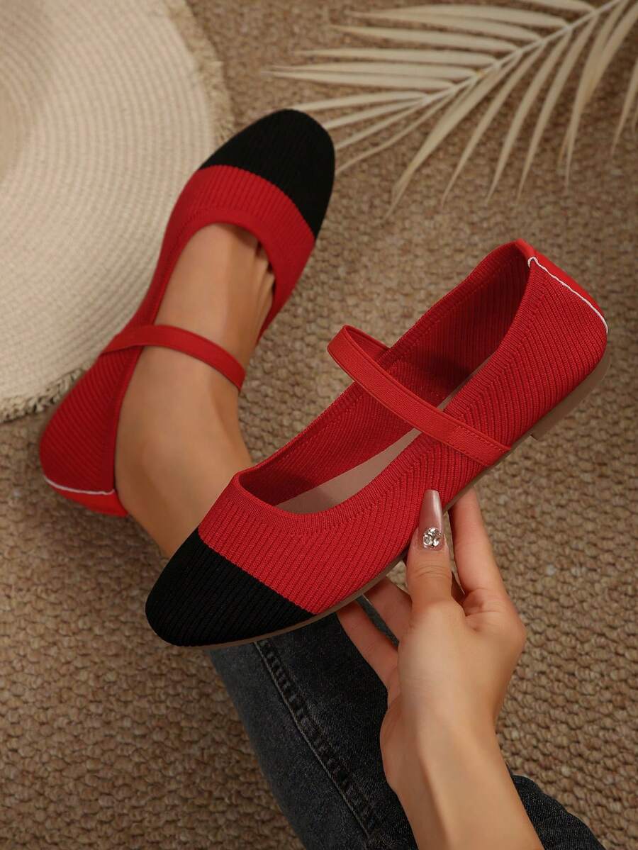 2025 Autumn Women Casual Soft Sole Square Toe Elastic Band Patchwork Flat Shoes, Suitable For Indoor And Outdoor Wear - Black and Red - View 1