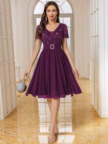 MIUSOL Deep V Neck Sequin Floral Lace Contrast Chiffon Pleated Hem Prom Party Swing Dress,For Birthday, Wedding Guest, Graduation Homecoming - Maroon - View 10