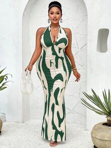 女式加大码春夏性感露背蝴蝶结连体裤，优雅商务休闲服 - 杏底綠花 - 查看 3