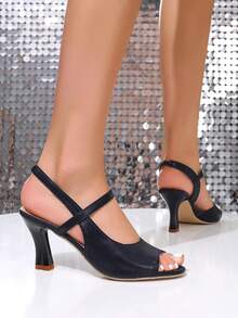 Women's Fashion Versatile Summer Chunky Heel Mid-Heel Open Toe Korean Style Plus Size Comfortable Stiletto Sandals - Black - View 4