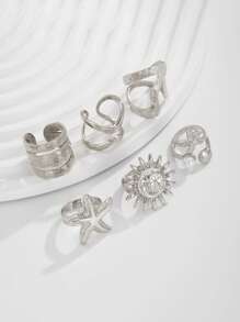Set de 6 anillos de metal dorado vintage punk con elementos multicomponentes, decorados con elementos marinos como conchas, estrellas de mar y perlas falsas, se pueden usar solos o combinados, adecuados para atuendos diarios y de fiesta de la mujer, decoración de resort de playa, set de joyas de moda de verano
