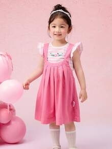 Balabala Girls' Embroidered Suspender Dress Set, Sweet & Stylish Look - White and Red - View 2