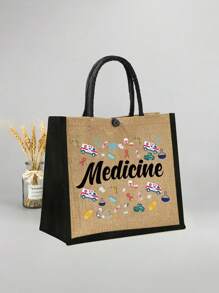 Conjunto de duas peças de linho com bordas amarelas e pretas, com as letras "Med" e estampas coloridas de suprimentos médicos, apresentando um design de nicho de bolsa de lona feminina da moda, bolsa de linho grosso com botões da moda, sacola de compras multifuncional, presente de agradecimento, design inovador, grande capacidade, presente personalizado para aniversários de casamento e de amigos, adequado para férias, vida cotidiana, passeios e compras de supermercado.