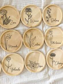 1pc Customized Floral Design Bamboo Trivet Mat, Wedding Decoration, Birthday Gift, Anniversary Present, Customized Trivet - Wood Color - View 6