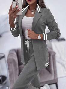 2pcs Women's Contrast Striped Patchwork Jacket And Pants Suit Set - Dark Gray - View 2