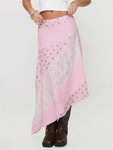 Women's Y2K Floral/Dots Print Flowy Midi Skirt Vintage Low Waist Lace Patchwork Irregular Hem Long Skirt Going Out Skirt Streetwear - 粉色 - 查看 4