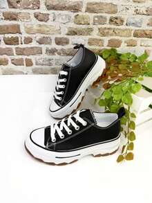 Black Faux Leather Sneakers With A 5.5 Cm Platform For Women, Comfortable And Non-Slip, Urban Style, Modern And Versatile, Lace-Up Closure, Ideal For All-Day Wear, Special Inner Linings - 黑色 - 查看 1