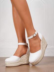 纯色女式简约踝带帆布鞋，度假白色编织面料绳底女式黑色坡跟厚底凉鞋，波西米亚面料扣沙滩户外婚礼编织鞋，适合所有季节 - 白色 - 查看 7