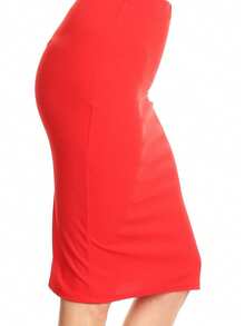 Casual High Waist Slim Stretch Pull-On Bodycon Pencil Solid Midi Skirt - 紅色 - 查看 4