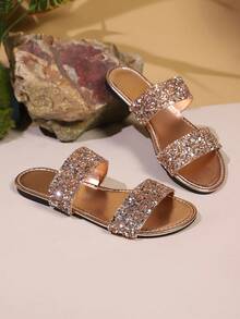 New Crystal Strap Slippers, Casual Open Toe Outdoor Wear Girl Sandals, Soft Sole Vacation Beach Shoes, Shiny Gold Rhinestone Slides - Champagne - View 6