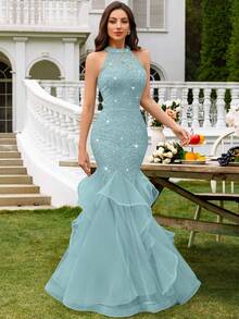 Vestido de fiesta largo con volantes, encaje floral con lentejuelas y contraste de malla sin espalda, elegante vestido de fiesta para damas, vestido de noche formal, vestido de baile, adecuado para invitados de boda, ceremonia de graduación, cena de gala y otras ocasiones - Azul menta - Ver 7