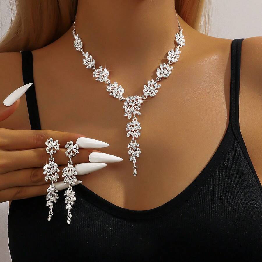 3pcs Set Fashionable European & American Creative Wheat Rhinestone Necklace & Earrings Jewelry Set, Suitable For Wedding & Parties - Leaf - View 1
