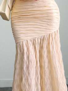 Vestido elegante y sexy de mujer con doble capa asimétrica y ondulada brillante que se puede usar como un hombro - Albaricoque - Ver 7