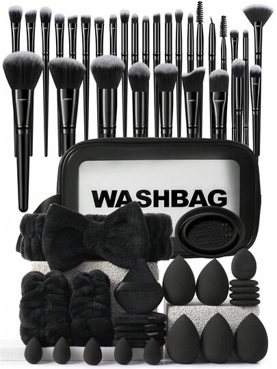 55PCS Makeup Tools Set Including:1 Pc Multi-Functional Zipper Toiletry And Cosmetic Bag Waterproof+30pcs Makeup Brush Sets+5PCS Makeup Sponge+5PCS Mini Makeup Sponges+5PCS Triangle Powder Puffs+5PCS Mini Air Cushion Powder Puffs+1 Pc Hair Tie+2PCS Hand Bowl Strap+1 Pc Makeup Brush Cleaning Tools, Travel, Travel Essential, Valentine's Day, Cheap, Travel Makeup Brush, Gifts For Women, Makeup Artist, Professional Complete Makeup Kit