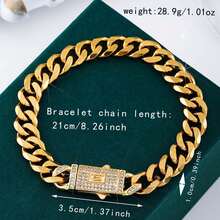 1pc Men's Fashionable Chain Bracelet, Cubic Zirconia Embedded Cuban Link Chain Design, Suitable For Daily Wear, Hip-Hop Style - Gold - View 3