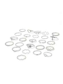 25pcs Set Of Fashionable Star, Moon And Heart Shaped Rhinestone Decorated 8 Piece Minimal Geometric Boho Rings - Silver - View 5