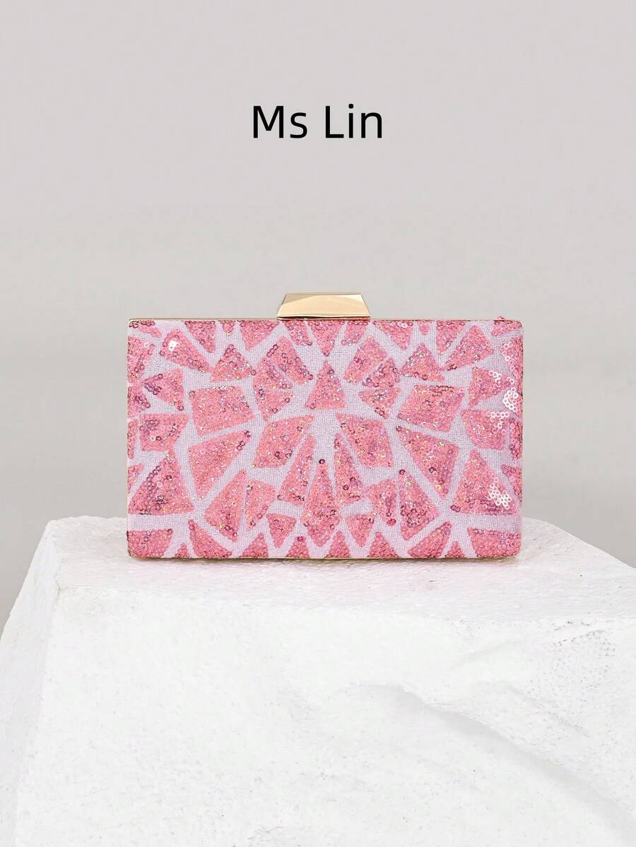 Mini Purple Party Clutch Bag (Random Pattern, Unique), Elegant & Delicate Sequin Embroidered Ladies' Square Purse, Box Bag Suitable For Party, Wedding, Prom, Office, Outing, Business Trip - Pink - View 1