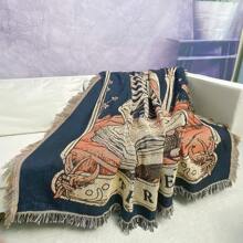 Skull Reader Pattern, Bohemian Style Jacquard Weave Fringe Blanket, Thick, Stain Resistant, Tear Resistant, Washable, Easy Care, Non-Fading, Non-Pilling, Suitable As Bedspread, Sofa Throw, Office Lap Blanket, Picnic, Camping And Home Decor