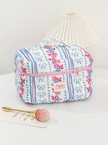 1PC Blue Striped Flower Makeup Bag, Quilted Portable Toilet Bag, Makeup Bag, Large Capacity Storage Bag, Suitable For Wallet, Lipstick, Sanitary Napkins, Pads, Coins, Keys, Earphones, Earphones And Accessories, Travel Storage Bag, Earrings, Bracelets, Necklace, Glasses, Sunglasses, Suitable For Women, Girls, Teenagers, Candy, Nurses, Female Students, Students, Gifts. Cosmetic Bag
