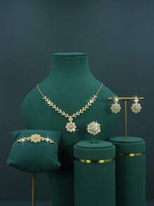 5 件 18K 镀金奢华皇家风格新娘婚礼配饰，手工制作，采用白色方晶锆石，包括项链、手链、耳环、戒指，适合日常佩戴和婚礼仪式，结婚周年纪念礼物 - 流蘇 - 查看 2