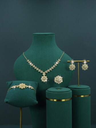 5pcs 18K Gold Plated Luxury Royal Style Bridal Wedding Accessories, Handset White Cubic Zirconia, Including Necklace, Bracelet, Earrings, Ring, Suitable For Daily Wedding, Wedding Anniversary Gift