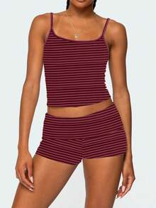 Women's Y2K Summer 2 Piece Pajama Set Striped Print Crop Camisole Tank Tops And Folded Waist Shorts Loungewear Sleepwear - Màu Hồng Tươi - Xem 1