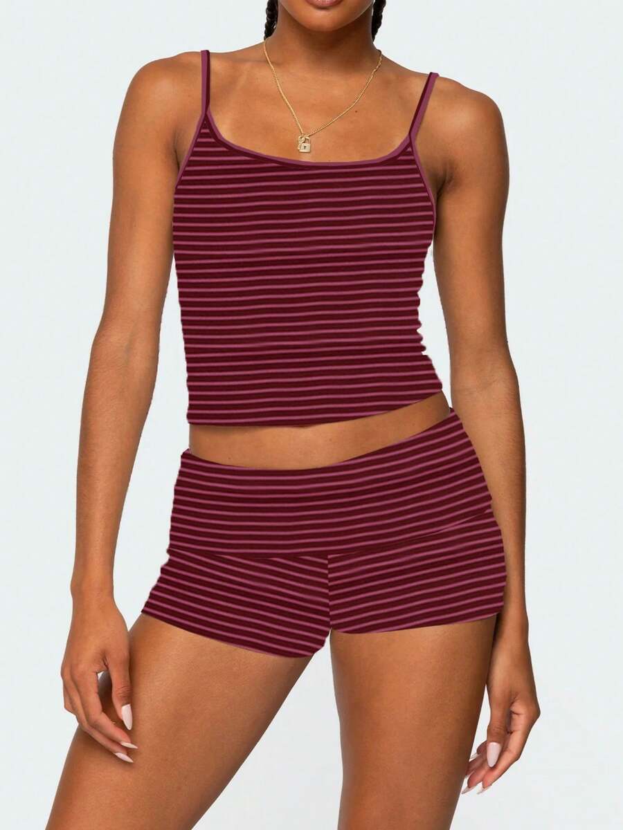 Women's Y2K Summer 2 Piece Pajama Set Striped Print Crop Camisole Tank Tops And Folded Waist Shorts Loungewear Sleepwear - Màu Hồng Tươi - Xem 1