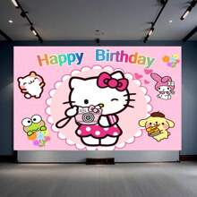 Sanrio Sanrio Family Hello Kitty Happy Birthday Pink Fantasy Scene Balloon Decoration For Birthday Bath Party Background Decoration Banner Vinyl