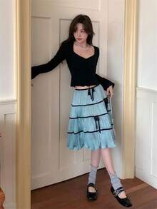 蓝色蝴蝶结设计芭蕾风格A字裙，街头潮流百搭甜美风，春夏女装新品 - 灰藍色 - 查看 6