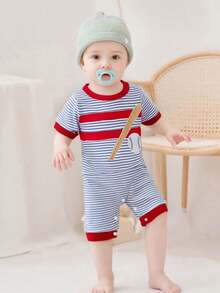 Baby Boy Baseball Embroidered Romper Striped Short Sleeve Waffle Knit Bodysuit Casual Summer Clothes - Blue - View 1