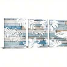 Pintura de lienzo con hojas tropicales para decoración de pared, baño con diseño azul y blanco, cuadros con estampado de hojas de plantas, cartel con letrero "Live Laugh Love", juego de 3 piezas enmarcado para crear un ambiente elegante