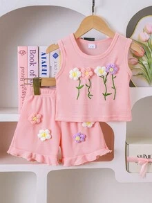 2 Stücke/Set Kleine Mädchen Frisch & Süß Süße 3D Blumen Dekor Ärmellose Top & Shorts Set, Sommer - Babypink - Übersicht 1