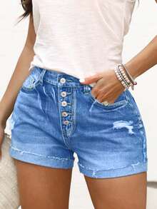 Women Casual Washed Buttoned Ripped Denim Shorts - Light Wash - View 9