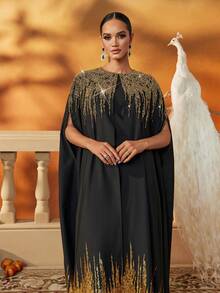 AmazingHoney Elegant Black And Gold Gradient Formal Gown, Handcrafted With Heavy Embellishment, Women's Floor-Length Evening Dress For Prom, Gala, And Weddings,Prom Dresses For Women,Arabian Dresses For Women,Abaya Dress,Kaftan Dress