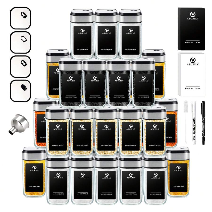 SAEIV Spice Jars With Black, Swivel Lid, 12/24/35 Spice Jars With Spice Labels. Perfect Organizer For Kitchen Spices, Spice Labels, Glass Spice Jar For Clear Storage Of Spices.