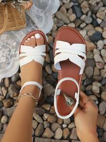 New Woven Slip-On Flat Sandals, Versatile Open Toe Flat Roman Sandals, White Flat Sandals