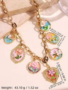 1pc Vintage Elegant Floral Necklace, Multicolor Enamel Alloy Pendant Beaded Necklace For Women, Cute Flower, Shell, Fish, Heart Design For Daily Wear - Multicolor - View 11