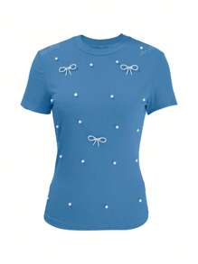 T-shirt/Top décontracté polyvalent à manches courtes avec nœud papillon, décoration de fausses perles, col rond, jeune et mignon. Convient pour les vacances, les sorties, le déplacement, les courses, le port quotidien (nœud papillon amovible). Printemps/été