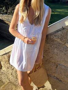 Womens Lace Trim V Neck Mini Dress Y2k 90s Vintage Aesthetic Summer Flowy Swing Dress Going Out Boho Coquette A Line Dress - 白色 - 查看 1