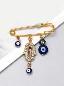 1pc Fashionable Blue Eye Decor Alloy Palm Pendant Brooch With Crystal Beads, Suitable For Men And Women Everyday Wear - Blue - View 3