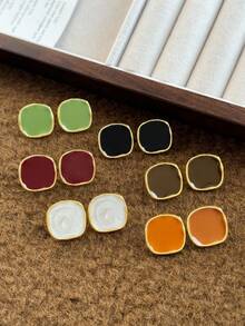 6 对简约彩色几何方形复古风格耳环套装，优雅高端时尚配饰礼物 - 彩色 - 查看 3